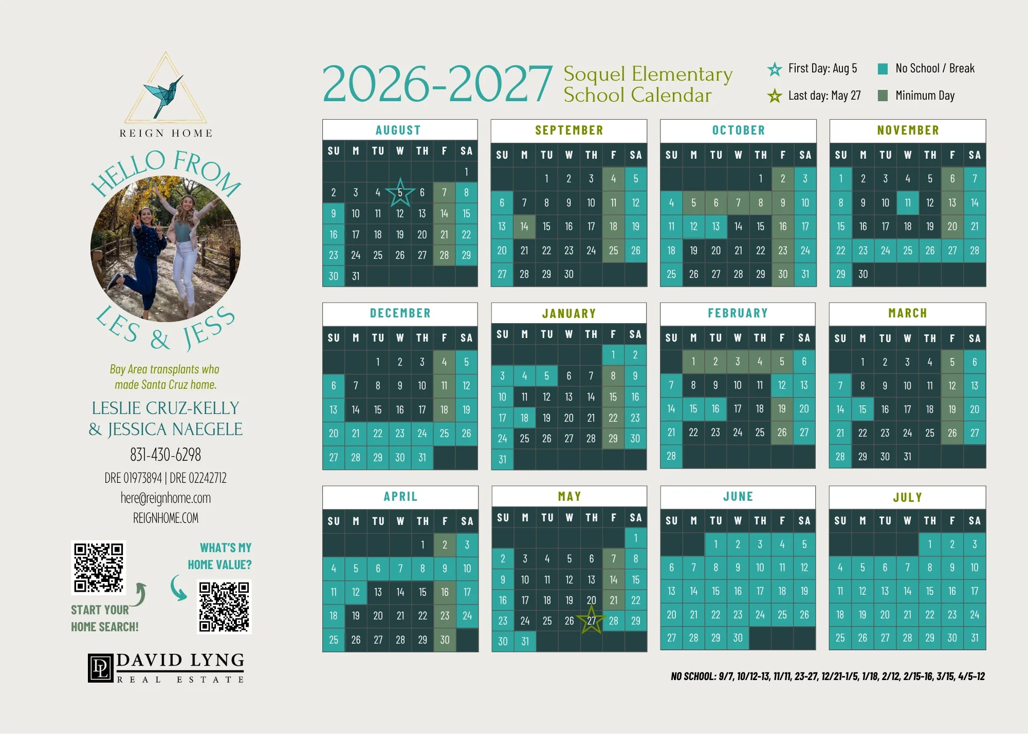 Calendario magnético 2026-2027 de Soquel Elementary de Reign Home, con todos los meses de agosto a julio y las vacaciones y días mínimos marcados.